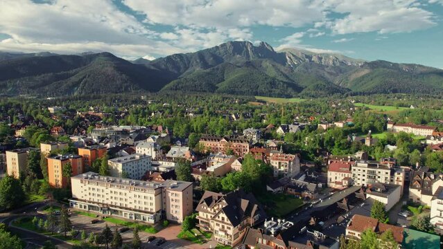 Aerial view of Zakopane town with Tatra mountains range in summer, Poland.