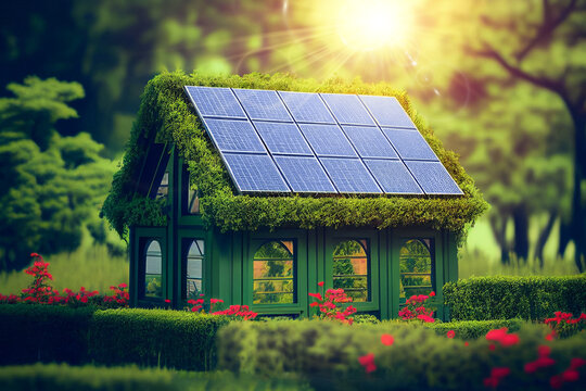 Spectacular image of sustainable house on surrounded by greenery in the forest. Eco-friendly house with solar panel on the roof. Green house, concept. Generative AI)