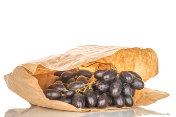 One bunch of black grapes in a paper bag, close-up, isolated on white.