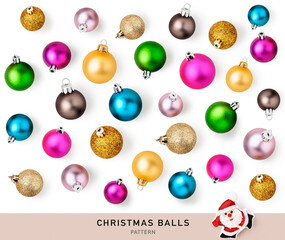 Colorful christmas balls pattern isolated on white background.