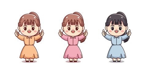 set of cute girl thumbs up mascot outlined vector character cartoon illustration