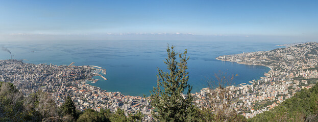 Naklejka premium Aerial panoramic view to Jounieh city and bay from Harissa mountain, Lebanon