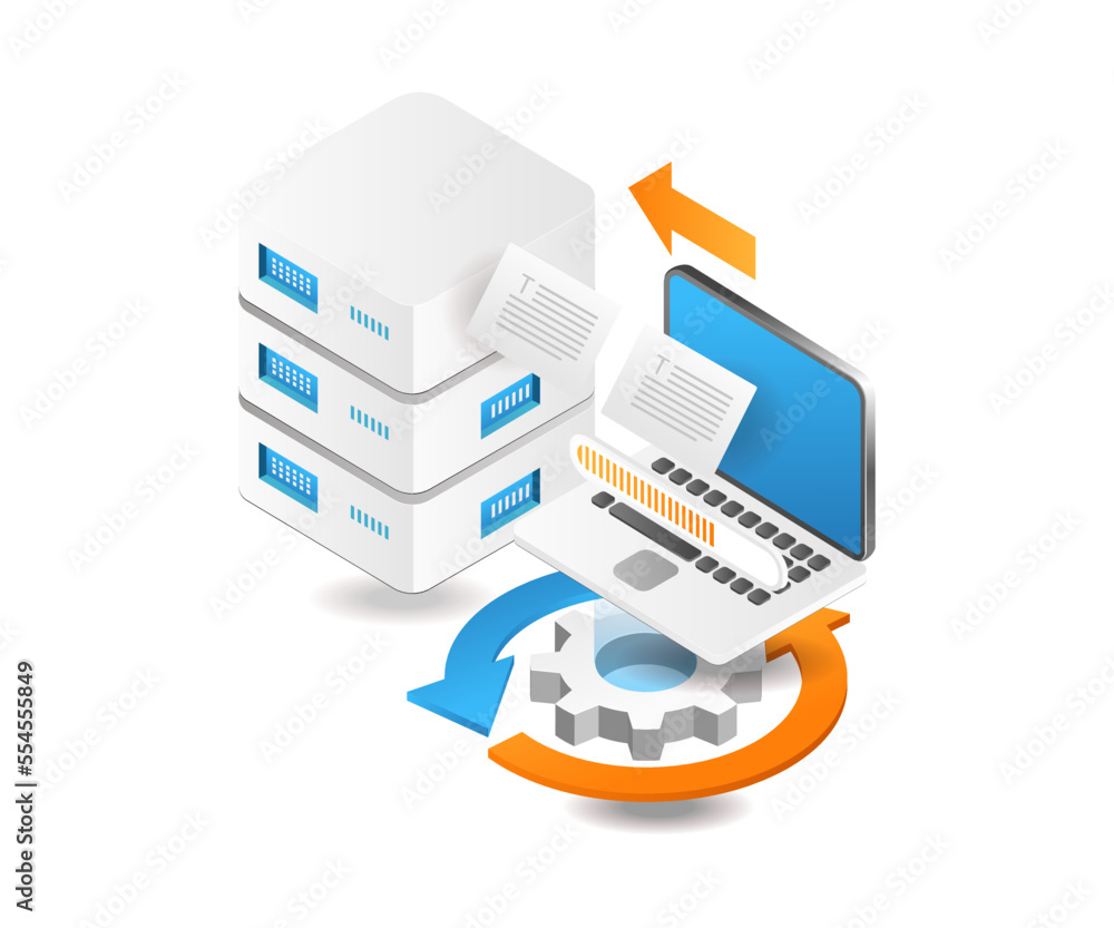 Poster flat isometric 3d illustration cloud server data processing process