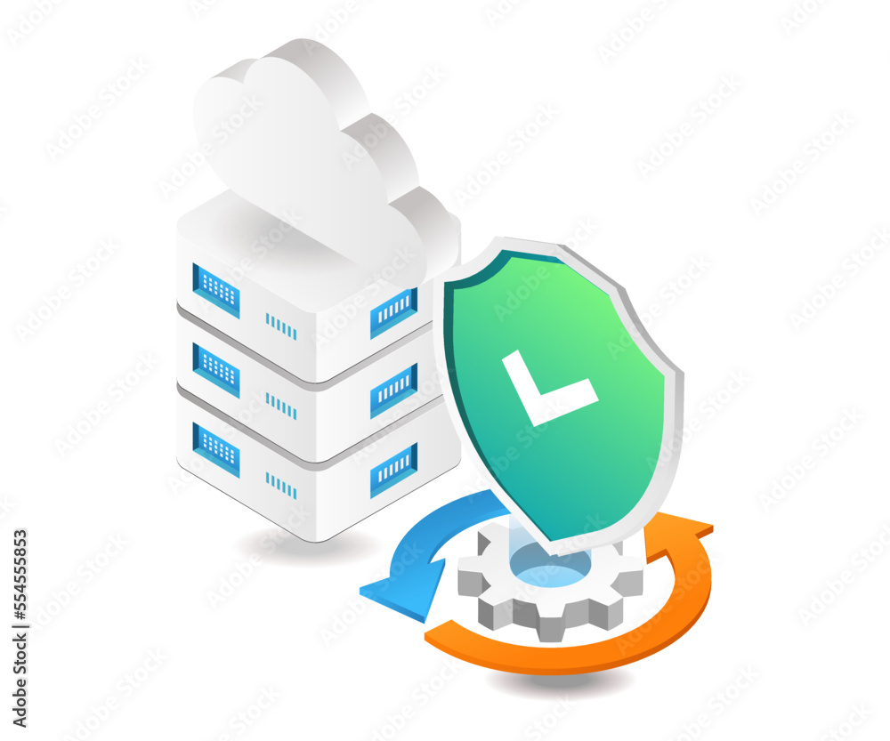 Poster Flat isometric 3d illustration cloud server data security process