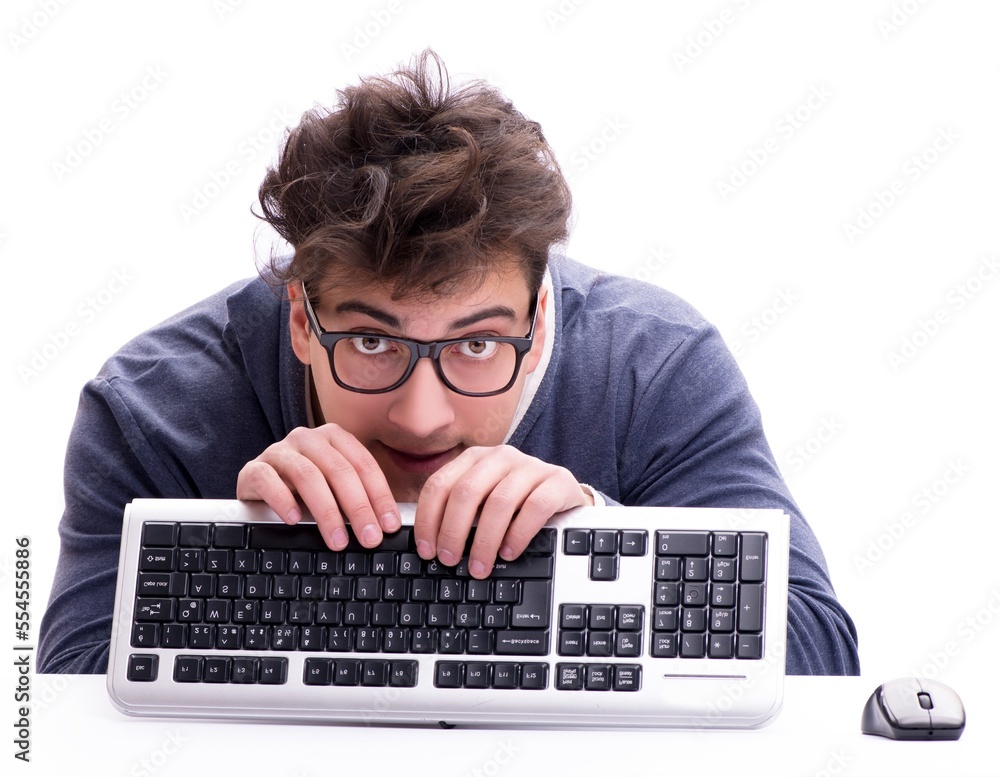 Aufkleber funny nerd man working on computer isolated on white