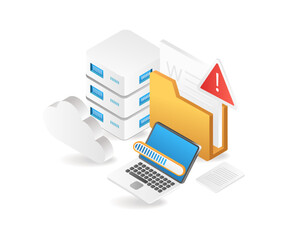 Flat isometric 3d illustration cloud server data problem control process