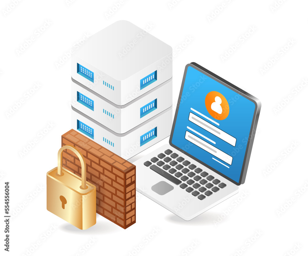 Leinwandbilder flat isometric 3d illustration of computer data server security wall