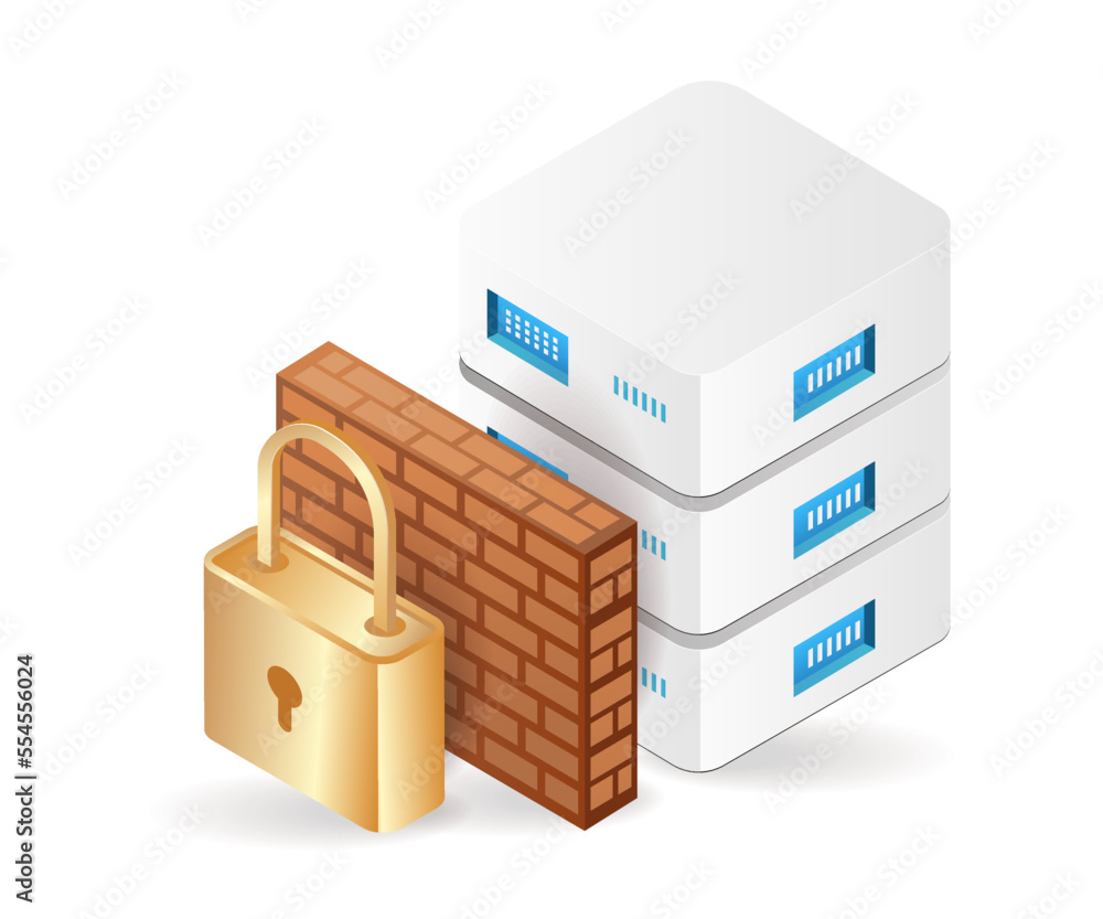 Poster flat isometric 3d illustration of data server security wall