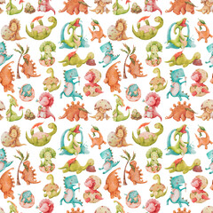 Obraz premium Dinosaurs Watercolor seamless pattern, Dino Nursery Decor, Cute Animals illustration, Watercolor illustration, Clipart For Kids.