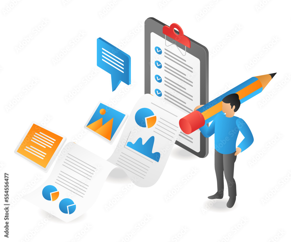Poster flat isometric 3d illustration of man analyzing business data