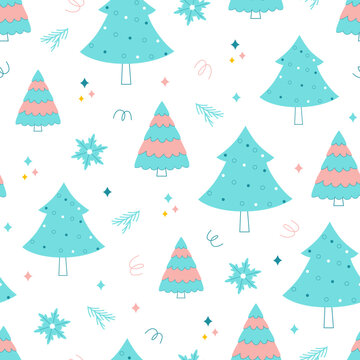 Cute winter pattern with Christmas trees and snowflakes hand drawn in doodle style. Funny seamless vector print for wrapping paper, kids textile design © Plameniya