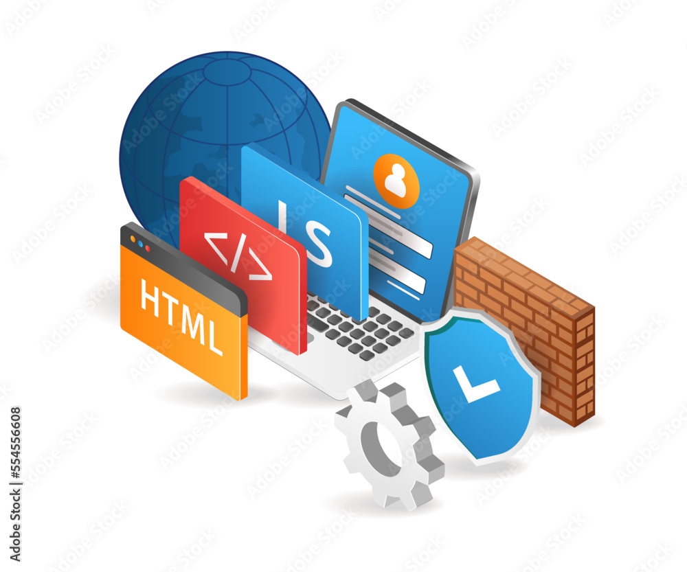 Aufkleber Flat isometric 3d illustration of secure programming language for web application developer