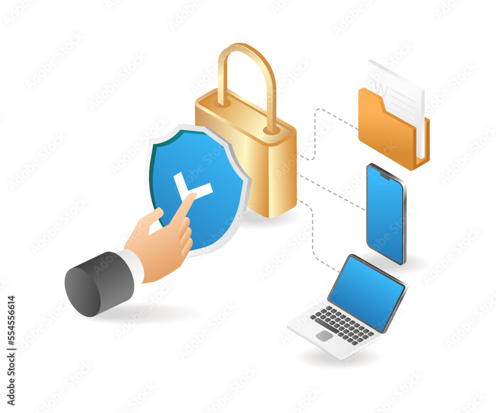 Poster flat isometric 3d illustration of unlocking app data