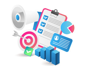 Obraz premium Flat isometric 3d illustration online business plan checklist campaign