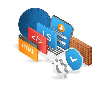 Flat isometric 3d illustration of secure programming language for web application developer
