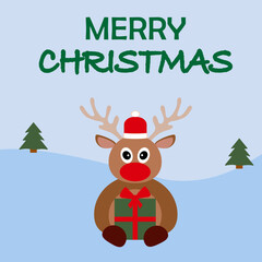 Merry Christmas post card with fanny reindeer in santa hat and big red nose holding green gift box with red ribbon and bow. pine trees on blue background