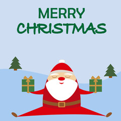 Merry Christmas post card with fanny  santa hat and big red nose holding green gift box with yellow ribbon and bow sitting on splits. pine trees on blue background