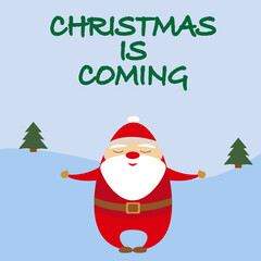  Christmas is coming  post card with fanny zen santa hat and big red nose. Pine trees  on blue background