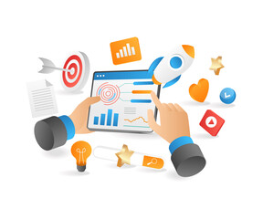 Isometric flat 3d illustration social media strategy concept digital marketing startup business