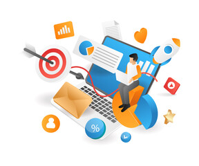 Isometric flat 3d illustration social media marketing technology business startup concept