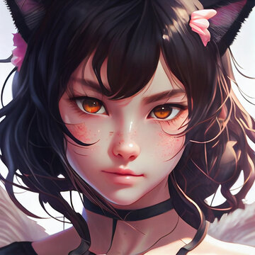 Cute Anime Cat Girl, Smirk, AI Stock Illustration