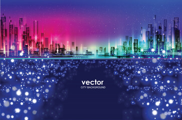 Vector night city illustration with neon glow and vivid colors. - 554557820