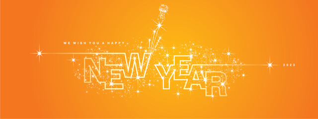 We wish you Happy New Year 2023 line design sparkler firework open champagne 2023 new year eve white orange yellow vector wallpaper greeting card