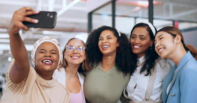 Business women, team and funny selfie with phone for social media, collaboration or startup success together. Female, group and diversity workers taking picture, smartphone or silly friends in office