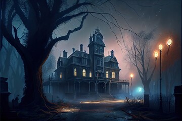 Abandoned mansion, eerie, scary, gloomy in the fog - Generative AI