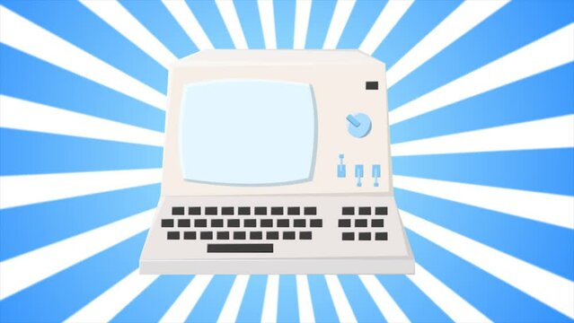 Retro computer, pc old vintage hipster for geeks from the 70s, 80s, 90s on the background of blue rays. Video in high quality 4k, motion design