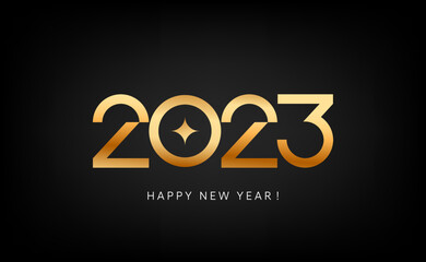 Modern 2023 new year greetings. The minimal gold numbers design concept is isolated on black background. Vector