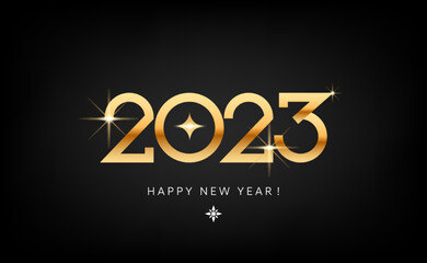 Modern glowing 2023 new year greetings. The minimal gold numbers design concept is isolated on black background.