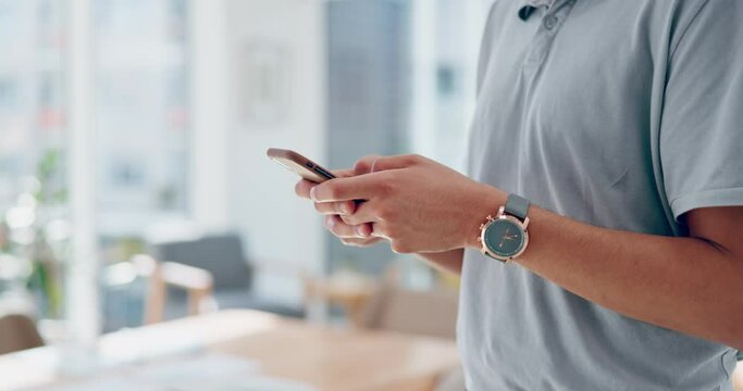 Phone, communication or hands of startup man in digital agency for social media content, networking or social network app. Hand, tech or zoom of male for blog new, search the internet or typing post