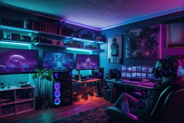 Cyberpunk gaming room with flat screen and neon lights, generative ai