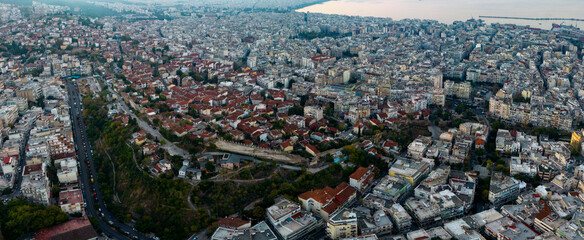 Aerial view around the city Thessaloniki in Greece in the early morning in autumn	