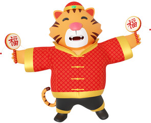 3d Render Chinese New Year Happy Tiger with Pellet Drum