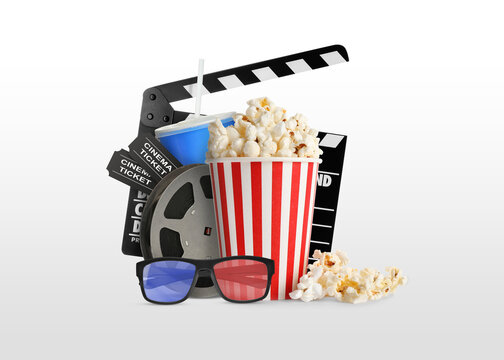 Movie clapper, drink, pop corn, 3D glasses and film reel on white background. Collage design