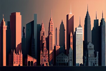 Skyscrapers skyline at sunset - Generative AI