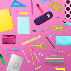 Flat lay composition with different school stationery on pink background