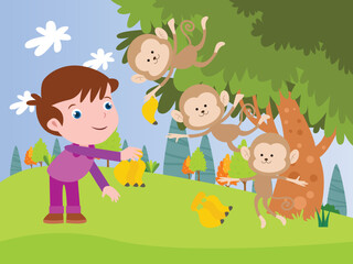 Happy little boy cartoon character giving banana to monkey at the park