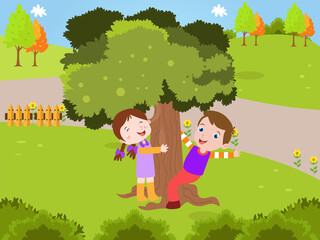 Children hugging tree trunk at the park