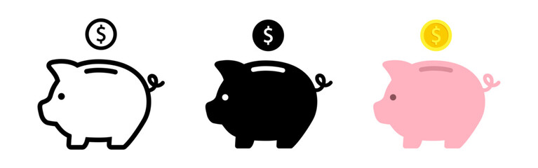 Piggy bank with dollar coin set - obrazy, fototapety, plakaty