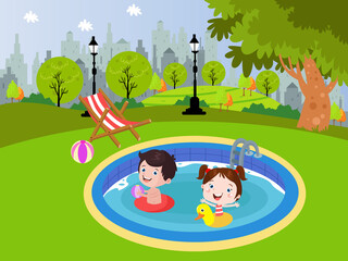 Children playing in backyard swimming pool