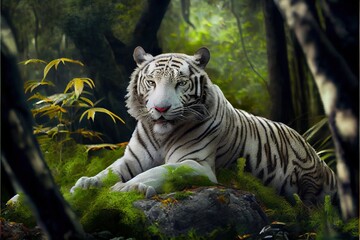 wild White Bengal tiger in it's natural habitat  - generative ai