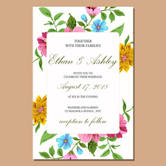 Wedding invitation frame set; flowers, leaves, watercolor, isolated on white. Sketched wreath, floral and herbs garland with green, greenery color. Handdrawn Vector Watercolour style, nature art.