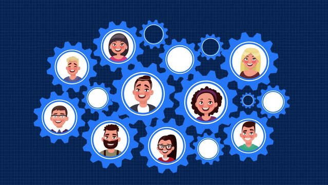 Business People Teamwork and Connection Concept Animation. Group of Diverse Happy Person Avatar in Gears Working Together as a Professional Team Work. 
