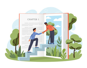 Inside book concept. Man helps young guy up stairs. Metaphor of fantasy and imagination, fiction literature and love for reading. Poster or banner for website. Cartoon flat vector illustration