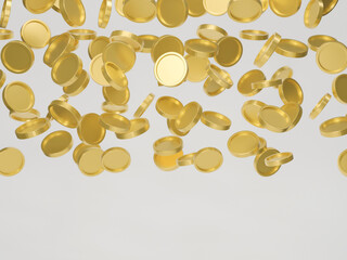 Gold coins with dollar sign falling or flying isolated on white background. Jackpot or casino poke concept. 3d rendering.