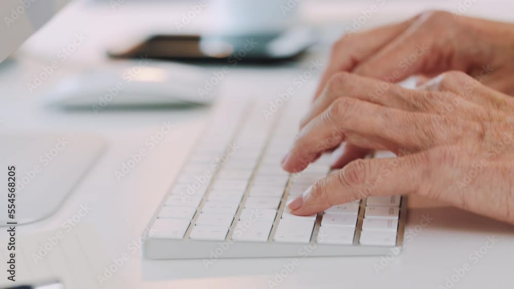 Aufkleber Hands, phone and typing on keyboard in office for business communication, email or employee planning on pc. Web developer, working on computer and multimedia designer multitasking on digital tech