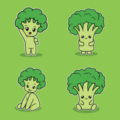 Set Of Cute Broccoli Vector Illustration Kawaii Cartoon Character